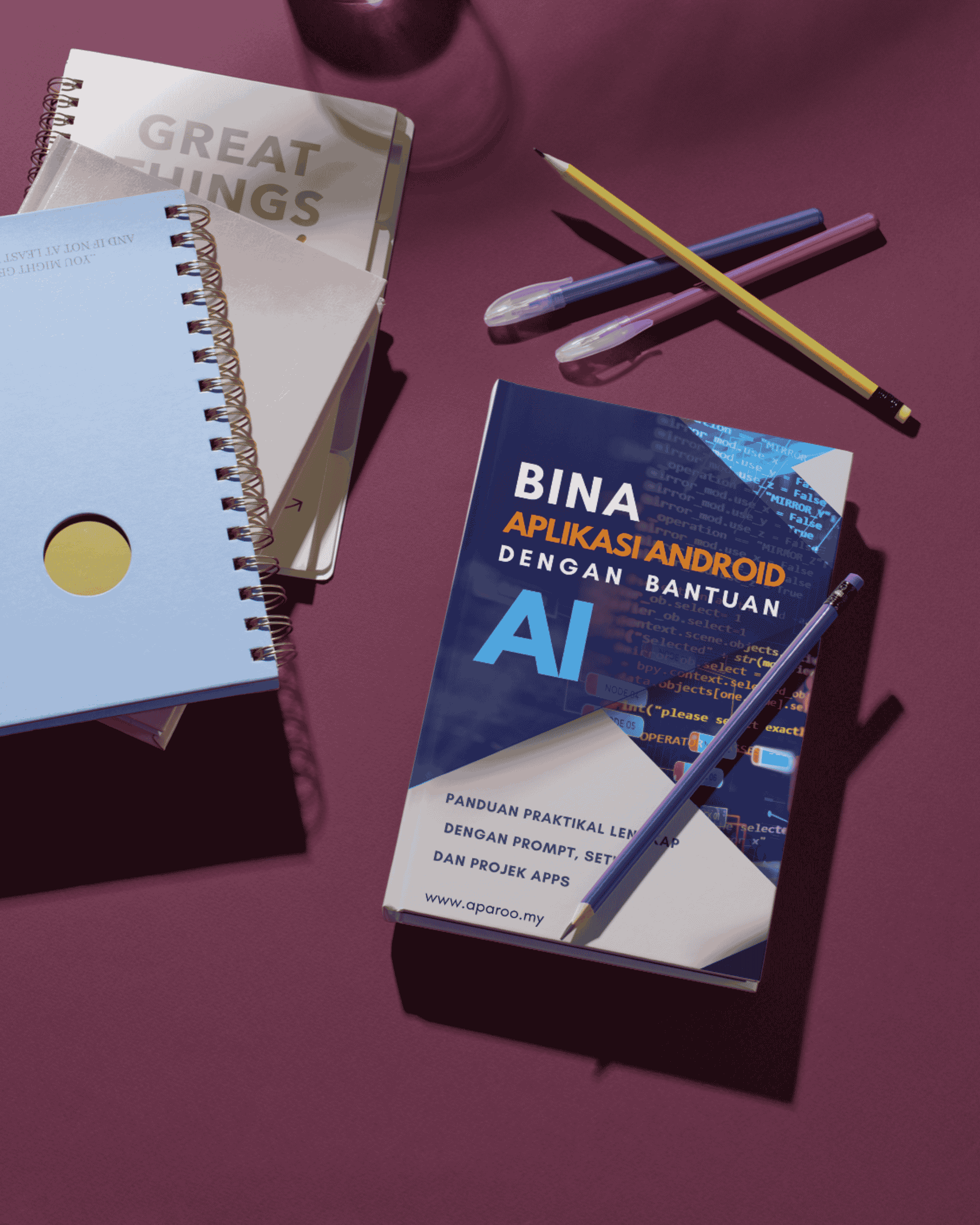 Visual buku e-book bersama alat tulis untuk section masalah prospect